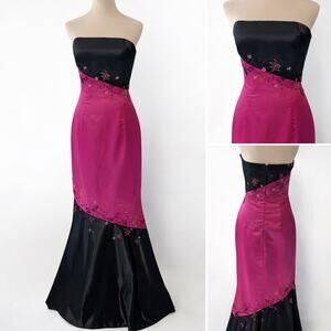 Vintage Y2K 2000s Strapless Prom Dress Pink Black Beaded Mermaid Sz 8